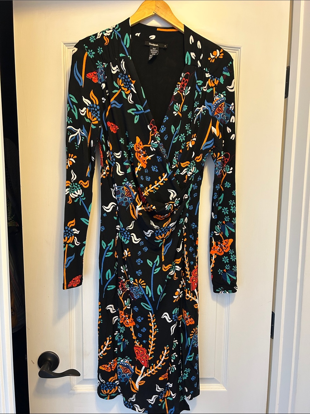Desigual Black Wrap Dress with Orange, Blue & Teal Floral Print